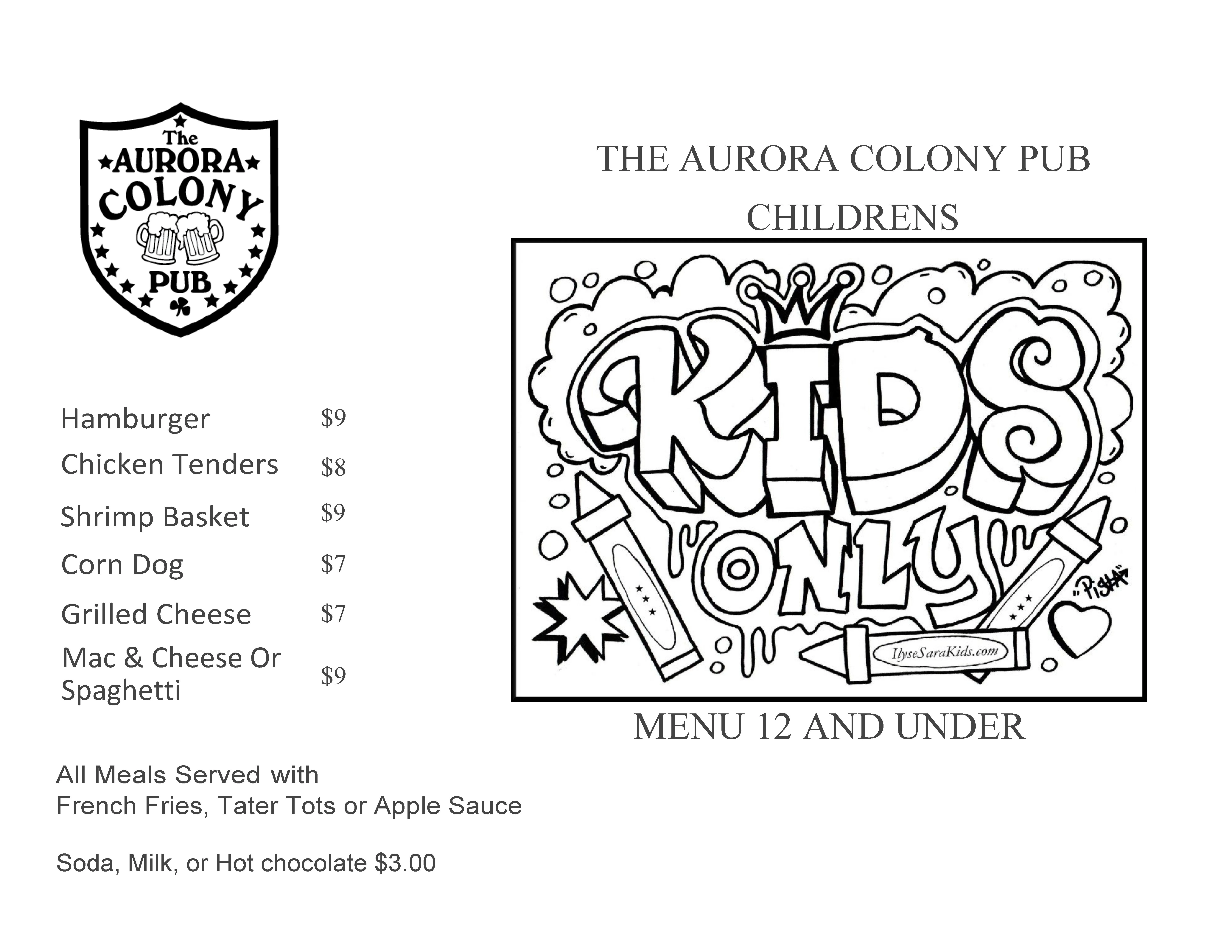 Aurora Colony Pub kids menu